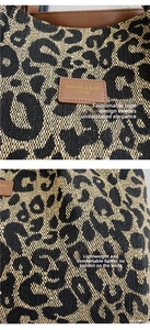 Macro detail of leopard print woven fabric texture with embossed brown leather logo tag