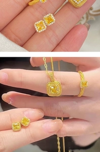 Macro detail of cushion-cut yellow gemstone necklace and ring set with halo design