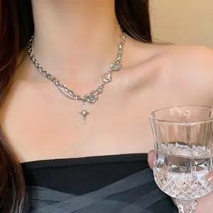 Y2K style moonstone star necklace with asymmetrical silver chain for women