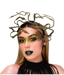 Detailed view of bronze Medusa snake headband on model for Halloween carnival costume
