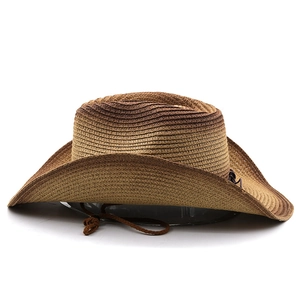 Close-up of brown gradient woven straw cowboy hat showing texture and decorative cord
