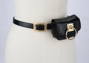 Detailed side view of black mini waist bag belt with golden hardware on white model