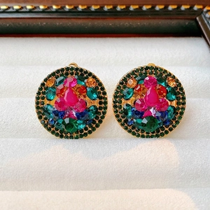 Vintage round clip-on earrings with colorful crystals and center fuchsia teardrop gem