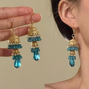 Ethnic Hollow Bell Tassel Drop Earrings Alloy Blue Beads Water Drop Pendant Bohemian Retro Exotic Style Jewelry For Women