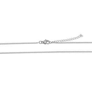 Close-up of a silver curb chain necklace featuring a secure lobster clasp and extension