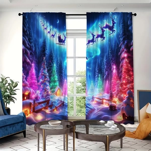 Christmas blackout curtains with Santa Claus reindeer sleigh flying over snow forest