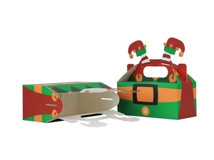 Detail of Christmas elf-themed candy box with belt design and foldable handle