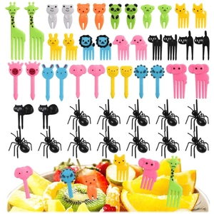 Close-up of colorful cartoon animal fruit picks for kids bento box and snacks