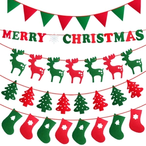 Merry Christmas felt banner set with reindeer and tree decorations on white background
