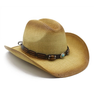 Chapeau de cowboy en paille style western avec pierre turquoise et dégradé brun sur blanc