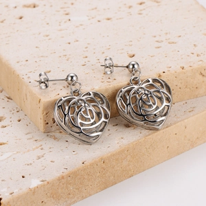 Heart Earrings Stainless Steel Hollow Out Rose Pattern Filigree Fashion Jewelry Women Elegant Silver Tone