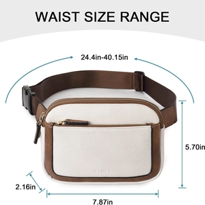 White pebbled leather waist bag with brown straps and adjustable size dimensions