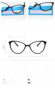 Detailed size chart for cat eye glasses frames showing 136mm width and dimensions
