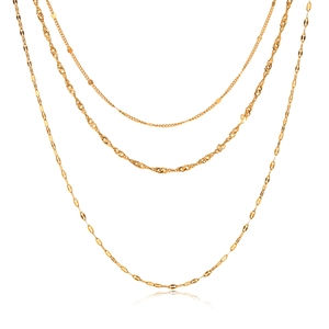 Close-up of triple-layered 18K gold plated stainless steel necklace with diverse chain textures