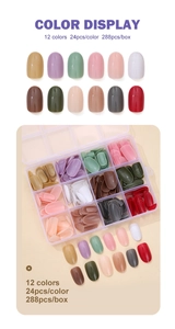 Detailed display of 12 colors glossy false nail tips set in transparent storage box