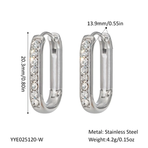 Detailed size specifications for U-shaped stainless steel earrings with sparkling crystals