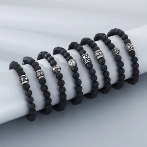 Natural black volcanic stone beaded bracelets with vintage silver charm set for men