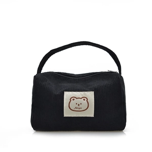Japanese minimalist black corduroy square handbag with cute cartoon bear pattern