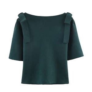 Dark green short sleeve knit top with elegant off-shoulder bow detail and slim fit