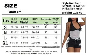 Detaillierte Größentabelle für das zweiteilige Damen-Set mit Crop-Top und Shorts