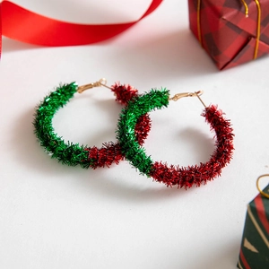 Festive Christmas wreath hoop earrings with red and green tinsel and gold hooks