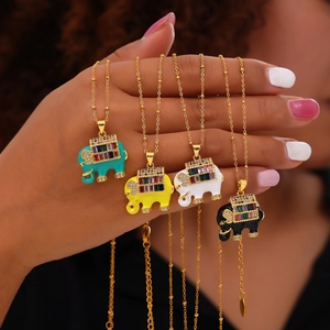 Gold plated elephant necklaces with colorful crystal inlay and vibrant enamel details