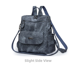 Seitenansicht des blauen Retro-Canvas-Rucksacks mit Details der Seitentaschen