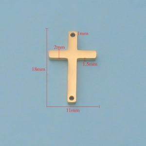 Golden stainless steel cross pendant with double holes and 18x11mm dimensions