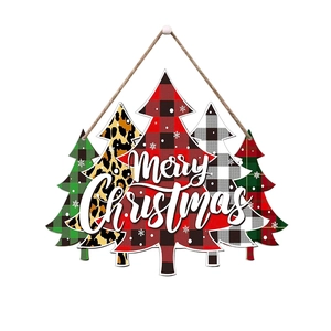 Rustic Merry Christmas wooden door sign with multi-patterned trees and hanging twine