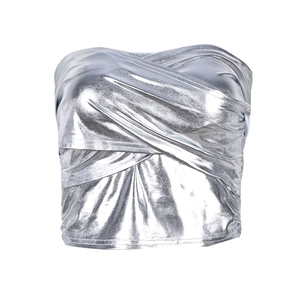Silver metallic halter tube top featuring a reflective crossover design and pleated texture