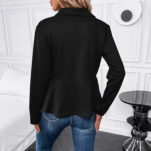 Rear view of elegant black waist-nipping jacket with a ruffled peplum hem and sleek fit