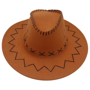 Detailed close-up of brown suede cowboy hat with decorative black stitching and patterns