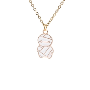 Halloween mummy pendant necklace with gold chain and white enamel cartoon ghost design