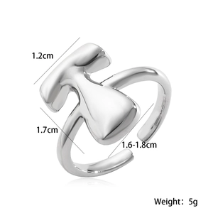Detailed size chart showing silver minimalist adjustable ring dimensions and weight