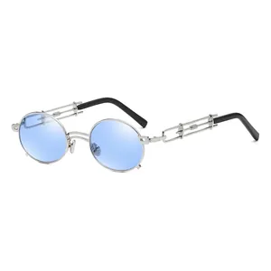 Retro round steampunk sunglasses with light blue lenses and silver hollow metal temples