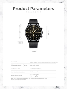 Detailed dimension guide for M1177 men's quartz watch with black mesh strap and parameters