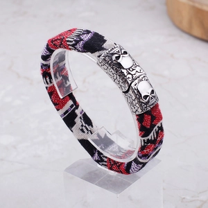 Skull Bangle Bracelet Men 316L Stainless Steel Clasp Woven Canvas Fabric Ethnic Pattern Punk Gothic Jewelry