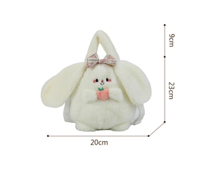 Detailed size chart of white plush rabbit crossbody bag featuring 23cm height and 20cm width