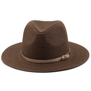 Close-up of a dark brown straw hat with a slim tan leather belt and gold metal buckle detail