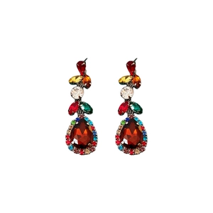 Vintage style teardrop earrings with deep red stones and multicolor pavé crystals