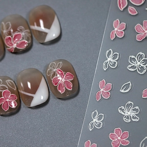 Adesivi per unghie 3D con fiori di ciliegio e delicati motivi floreali rosa e bianchi