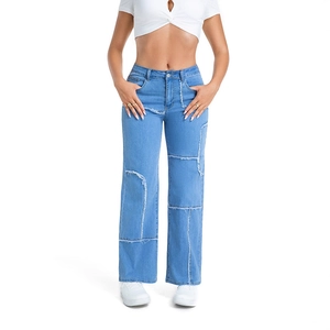 Women's light blue high waist wide leg jeans with irregular raw edge patchwork design