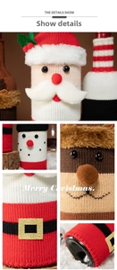 Close-up of knit Christmas wine bottle covers with Santa, snowman and reindeer details