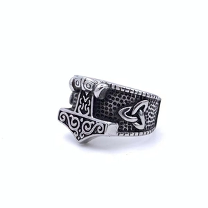 Vintage Viking Mjolnir ring in stainless steel with detailed Celtic knot patterns