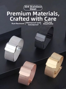 Detail of 304 stainless steel Milanese watch bands in silver, gold, and rose gold colors