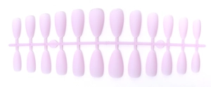 Set of 24 matte lavender almond false nails on a professional display strip