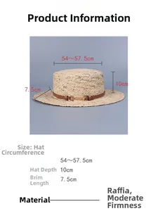Detailed sizing chart and specifications for the woven raffia boater sun hat with leather strap