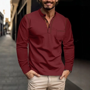T-shirt Henley homme bordeaux à manches longues avec col boutonné et poche sur la poitrine