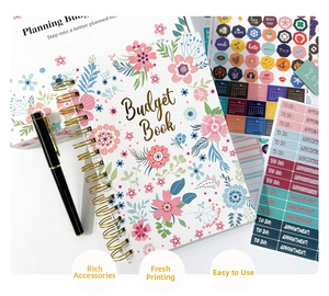 Floral budget planner set with spiral binder, stickers, and black pen for monthly planning