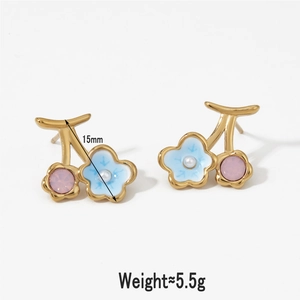 Sweet stainless steel cherry earrings with blue flower and pink crystal design
